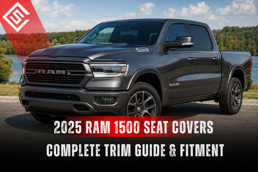 Gray 2025 Ram 1500 pickup illustrating Ram 1500 Seat Covers trim guide for selecting the right fit by trim level.