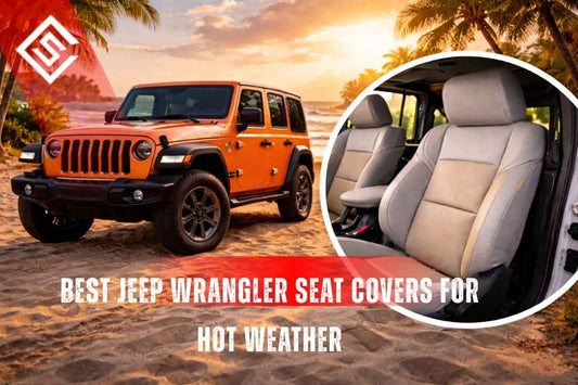 Orange Jeep Wrangler on sunny beach with inset perforated eco-leather seats highlighting best seat covers for hot weather.