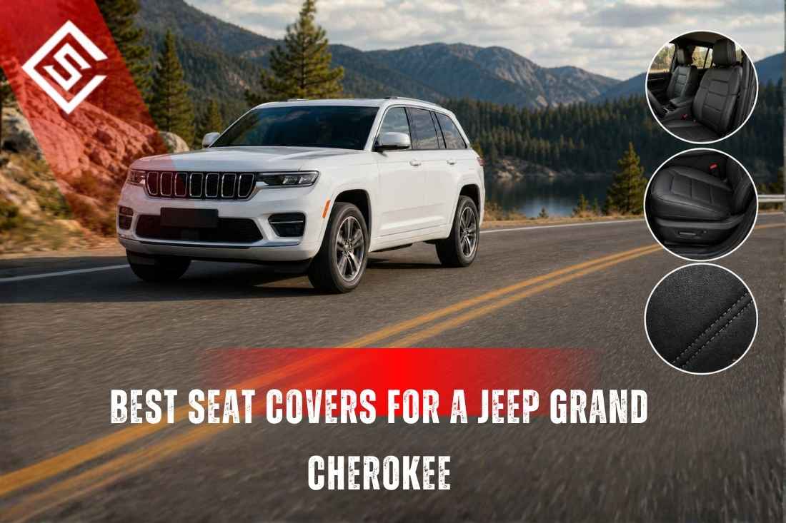 White Jeep Grand Cherokee with black eco-leather seat covers highlighting WK2 vs WL fitment guide for seat cover buyers.