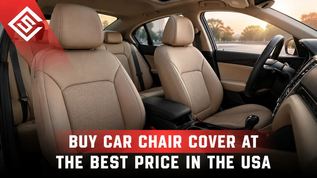 Beige leather car seats with custom-fit covers inside a modern sedan promoting affordable USA seat covers online.