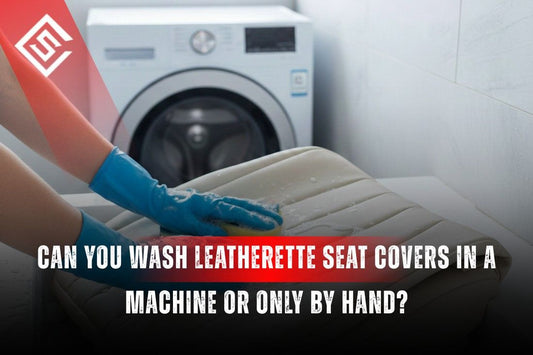 Person cleaning leatherette seat cover near washer, showing safe ways to wash leatherette seat covers at home without damage.