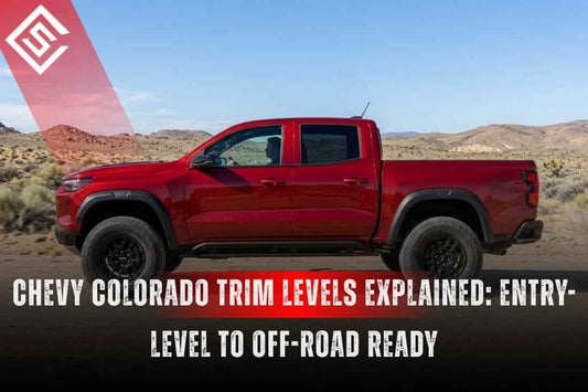 Red Chevy Colorado pickup showcasing Chevy Colorado trim levels, from WT work truck to off-road-ready ZR2 capability.