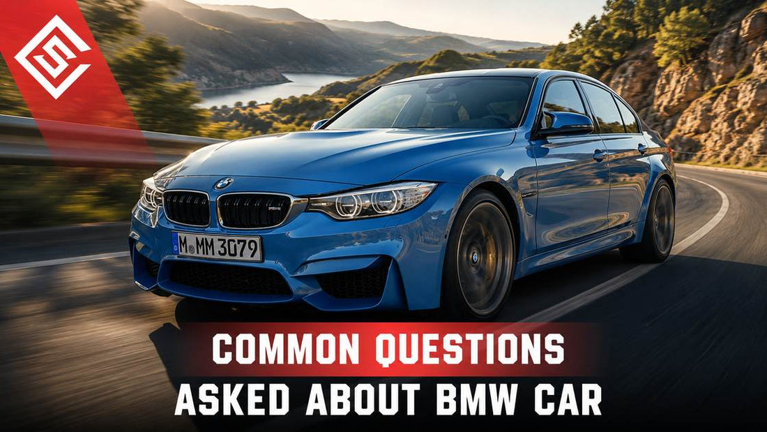 Blue BMW sports sedan driving on a mountain road, illustrating common BMW car problems, maintenance, and FAQs.
