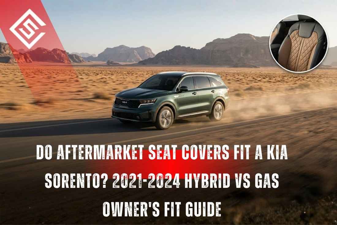 Kia Sorento driving through desert with inset seat cover, illustrating 2021-2024 MQ4 hybrid and gas fitment guide.