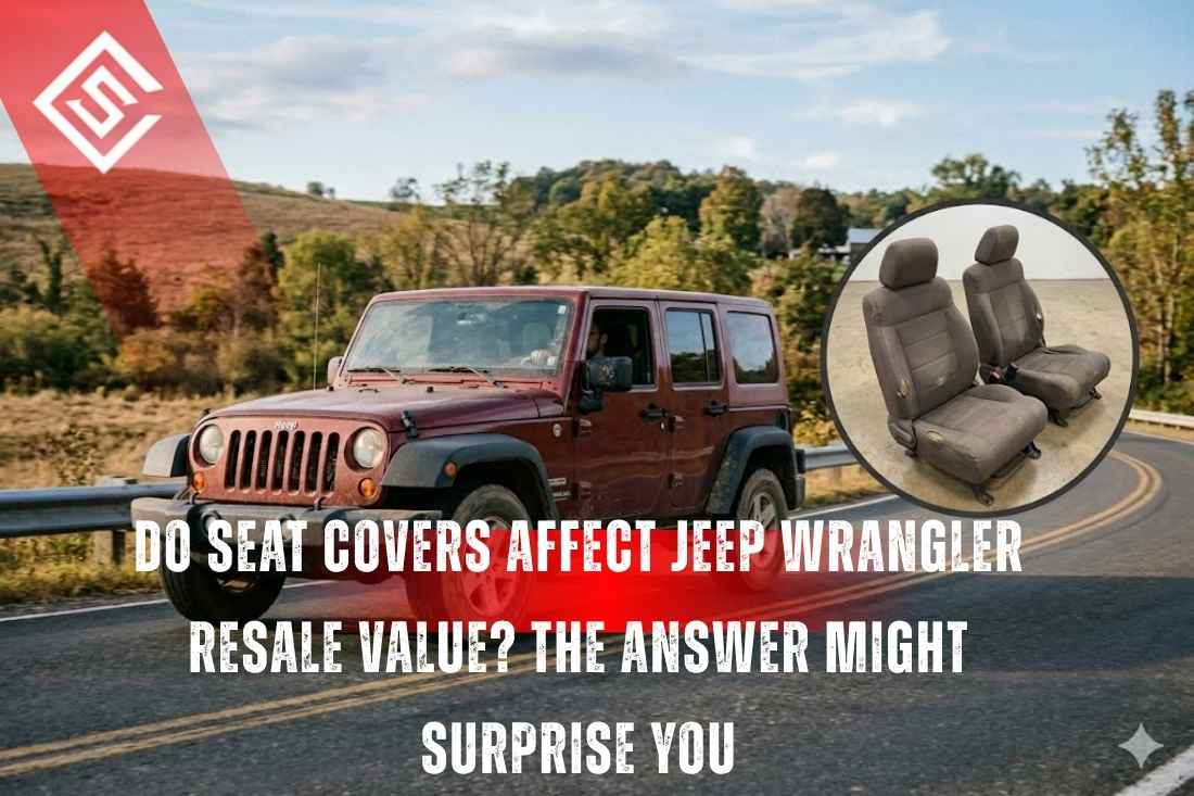 Red Jeep Wrangler driving with inset of seat covers illustrating seat protection preserves interior and boosts resale value.