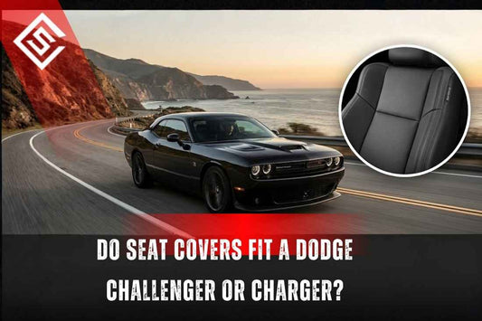 Black Dodge Challenger on coastal road with inset leather seat, promoting fitted Dodge seat covers for Charger models.