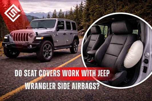 Jeep Wrangler JL with seat and deploying side airbag illustration showing airbag compatible split seam seat cover design.