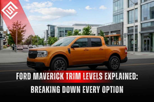2026 Ford Maverick trim levels guide featuring orange Maverick pickup with XL, XLT, Lobo, Lariat and Tremor trims.