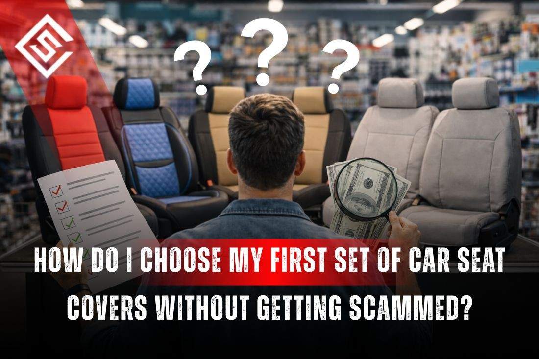 Buyer comparing car seat covers in a showroom, highlighting how to choose my set of car seat covers without getting scammed.