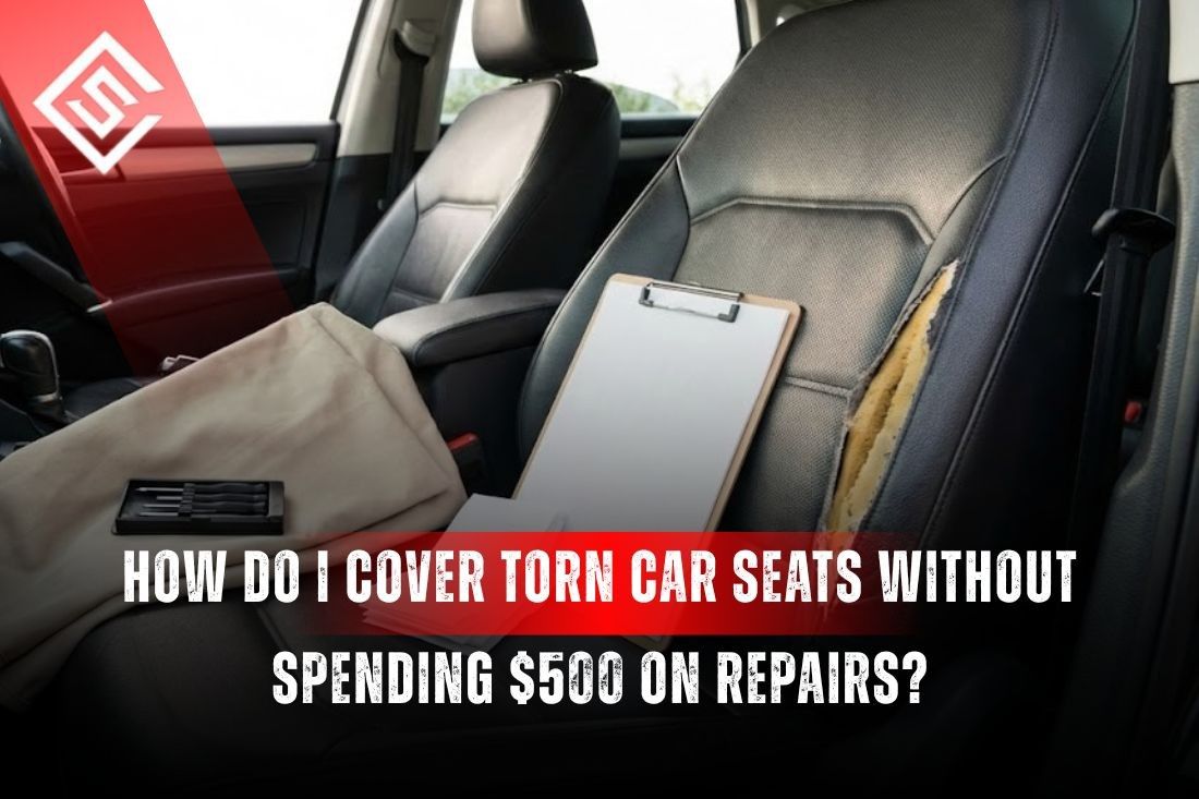 Torn leather car seat with exposed foam showing affordable ways to cover car seats without giving $500 repairs.