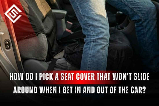 Driver exiting a car with a fitted seat cover staying secure, showing how a car seat cover prevents sliding during entry.