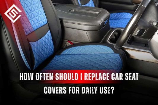 Car interior with blue quilted seat covers showing daily wear, about how often should I replace car seat covers for daily.