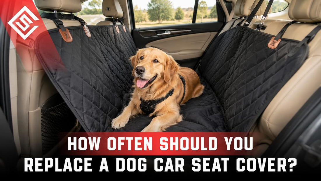 Golden retriever on a waterproof dog car seat cover in an SUV, showing durable and comfortable pet travel rides.