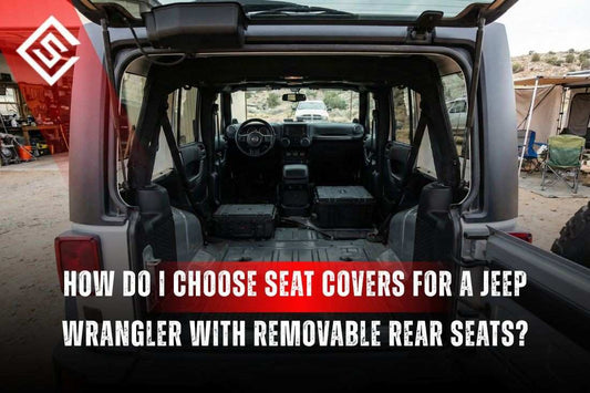 Jeep Wrangler interior with rear seats removed, showing cargo space for seat cover fit and reinstall guide.