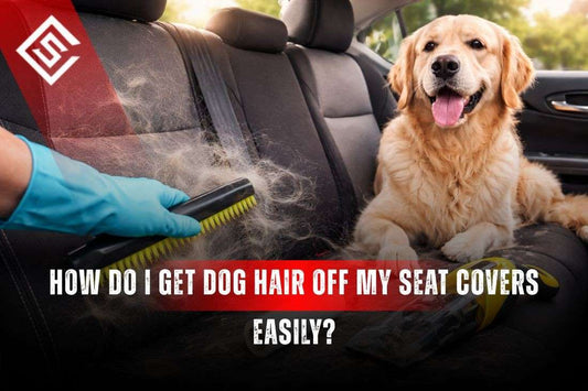 Dog hair brushed off car seat covers beside a smiling golden retriever showing easy ways to get dog hair off seat covers.