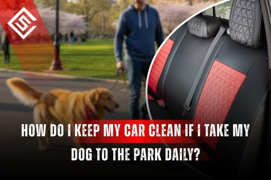 Dog owner walks dog near park beside car with protective seat cover showing how to keep car clean for daily dog park visits.