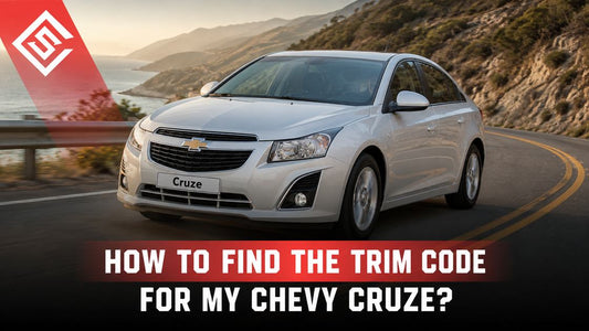 White Chevrolet Cruze on a coastal highway with overlay text about finding trim codes for restoration projects.