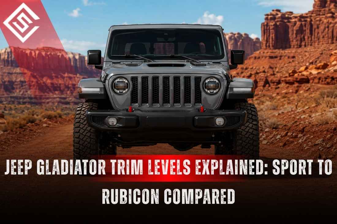 Front-view Jeep Gladiator on a desert trail, illustrating 2026 trim levels from Sport to Sahara, Mojave, and Rubicon.