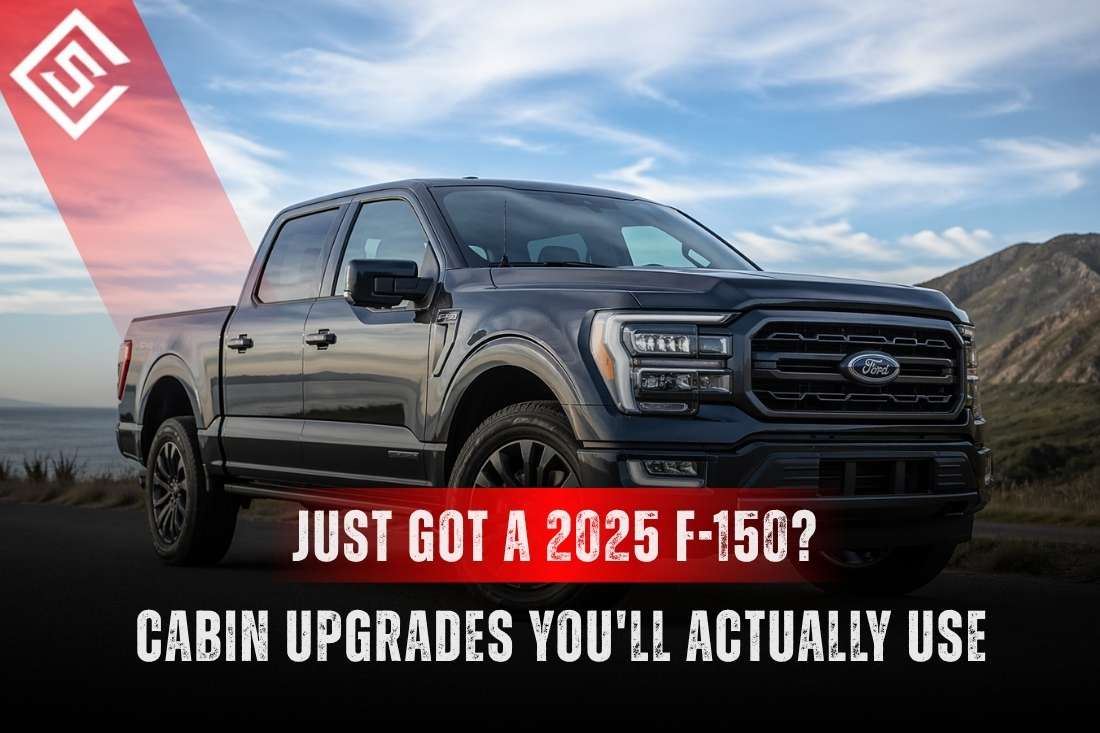 2025 Ford F-150 highlighting practical cabin upgrades including seat covers, floor liners and storage bins inside.