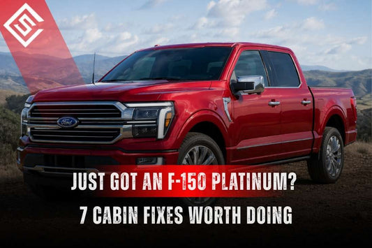Red Ford F-150 Platinum on rugged hills with text promoting 7 cabin fixes to protect its premium leather interior.