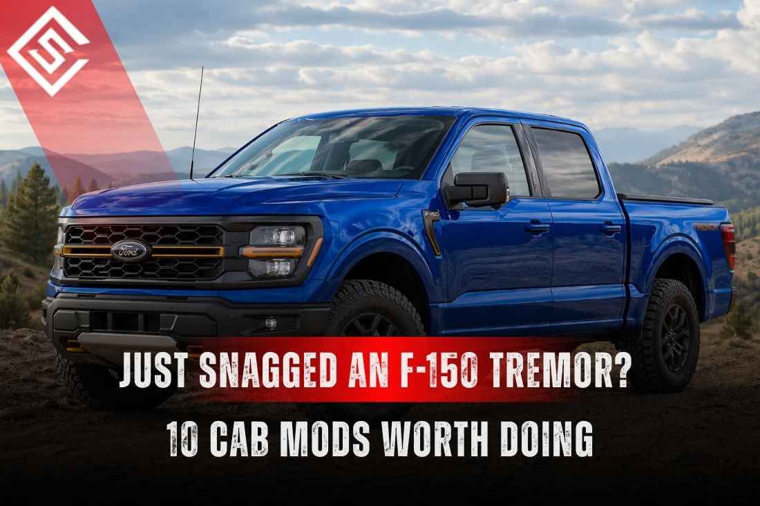 Blue Ford F-150 Tremor parked off-road with headline promoting 10 practical cab mods for trail-ready interiors.