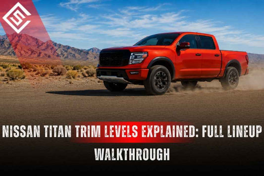 Red Nissan Titan Pro-4X driving through desert terrain for a Nissan Titan trim levels and used truck guide in 2026.