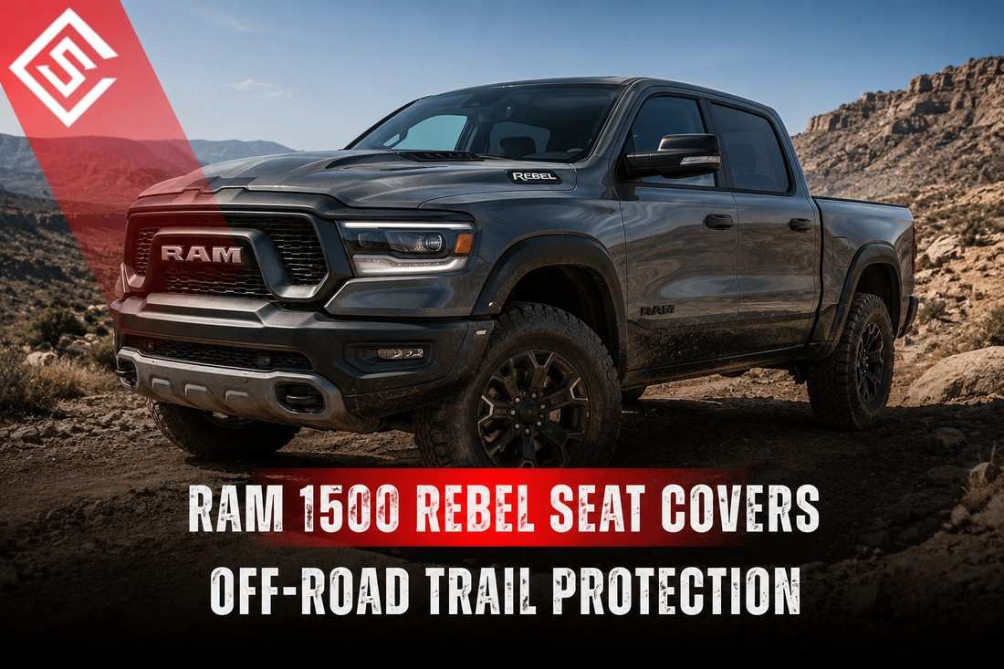 Ram 1500 Rebel off-road truck on a desert trail, highlighting protective seat covers for mud, dust, and rugged use.