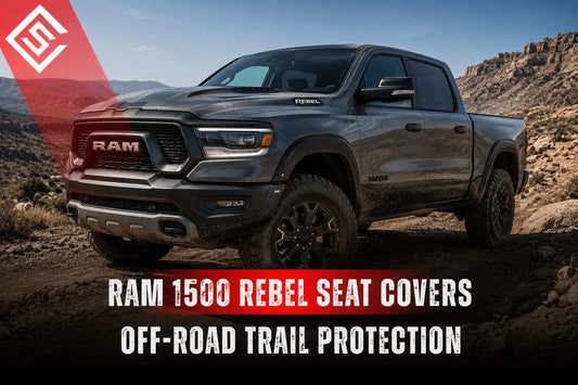Ram 1500 Rebel off-road truck on a desert trail, highlighting protective seat covers for mud, dust, and rugged use.