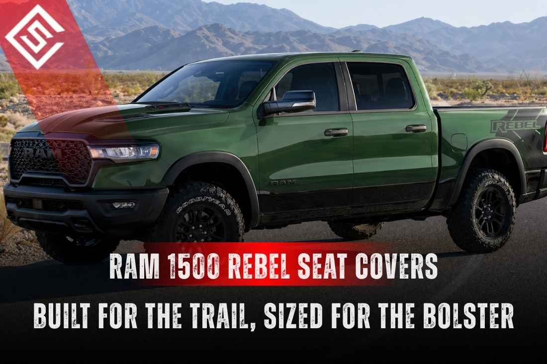 Green Ram 1500 Rebel on desert trail promoting seat covers built for trail mud, wet dogs and sport-bolster fit.
