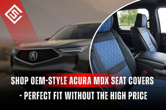OEM-style Acura MDX seat covers showing factory-fit blue and black interior, premium eco-leather design, luxury SUV look.
