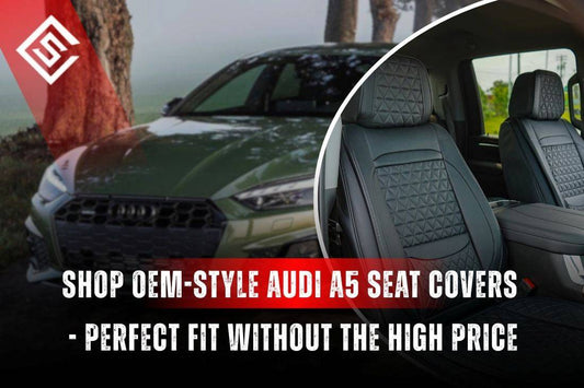 OEM-style Audi A5 seat covers shown on luxury interior, custom fit design offering premium protection without dealer pricing.