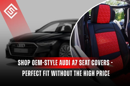 OEM-style Audi A7 seat covers in black and red leatherette, custom fit for factory look without high dealership cost.