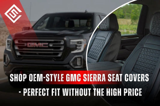 OEM-style GMC Sierra seat covers with exterior truck view and precision-fit interior seats offering factory-style protection.