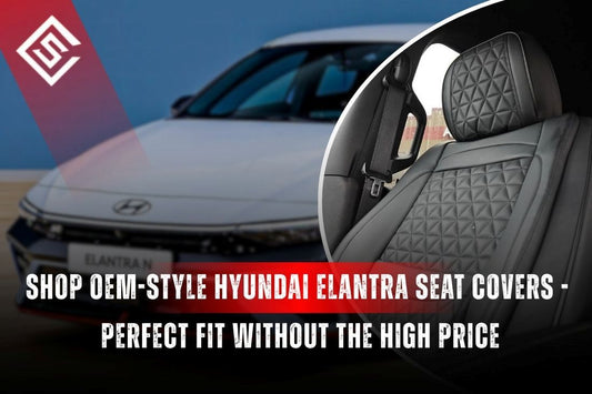 OEM-style Hyundai Elantra seat covers shown on car interior, custom fit eco leather look offering protection and style.
