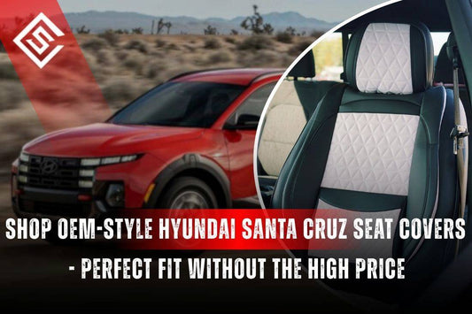 OEM-style Hyundai Santa Cruz seat covers shown on red Santa Cruz exterior and custom-fit interior, highlighting factory look.