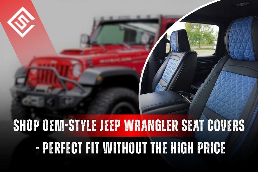 OEM-style Jeep Wrangler seat covers on front seats, showing factory fit, premium materials, and rugged off-road protection.