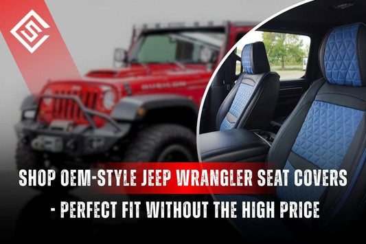 OEM-style Jeep Wrangler seat covers on front seats, showing factory fit, premium materials, and rugged off-road protection.