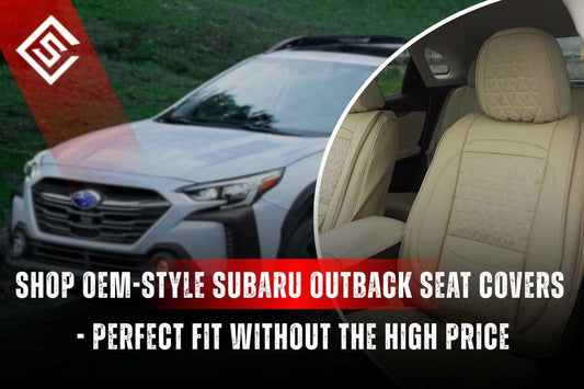 OEM-style Subaru Outback seat covers on vehicle and interior, highlighting custom fit, sleek look, and affordable upgrade.