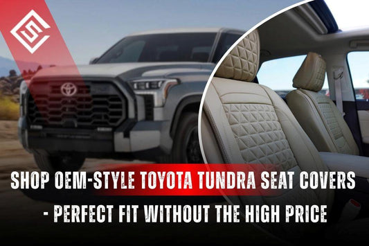 OEM-style Toyota Tundra seat covers with truck exterior and quilted interior, highlighting custom-fit and premium protection.