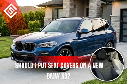 Blue BMW X3 parked outside modern home with inset showing seat materials, illustrating seat cover decision guide.