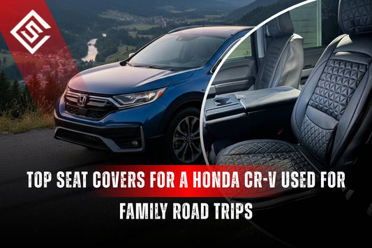 Blue Honda CR-V with quilted waterproof seat covers designed for family road trips and interior protection upgrade.