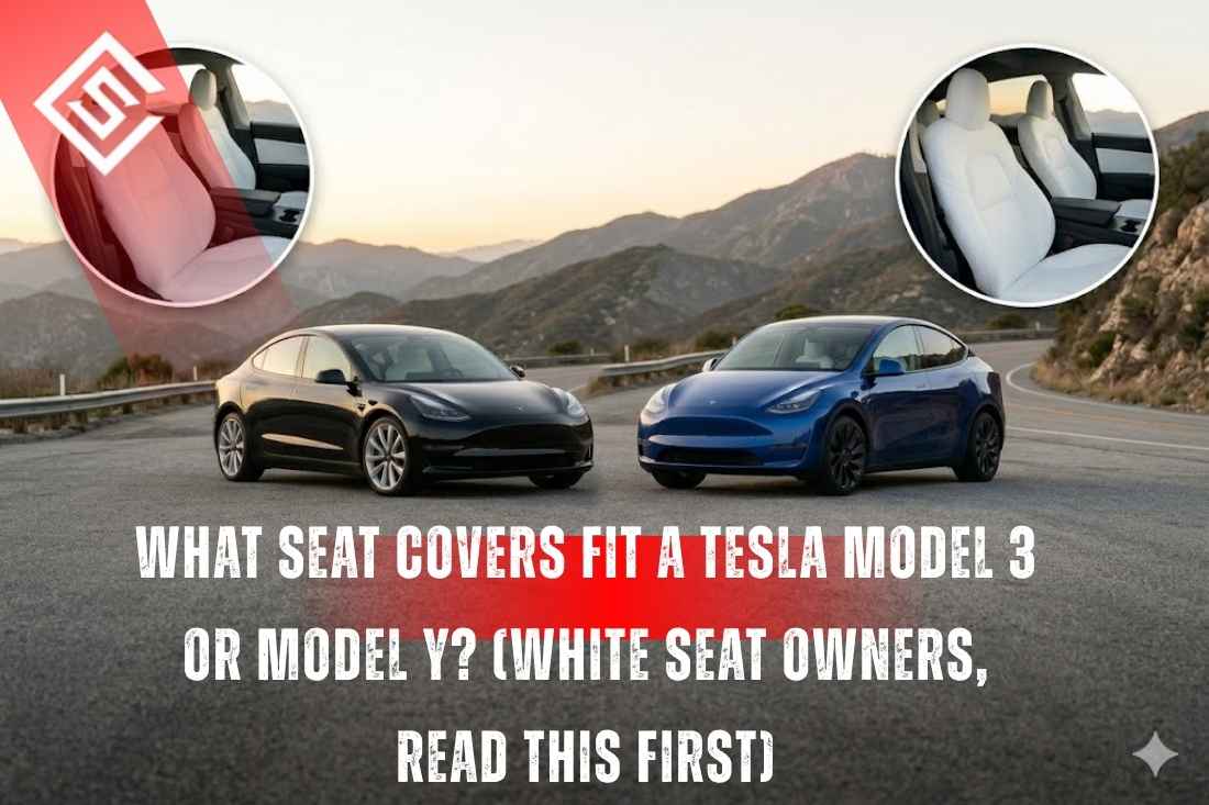 Tesla Model 3 and Model Y with white seats showing eco-leather seat covers to prevent dye transfer and ensure correct fit.