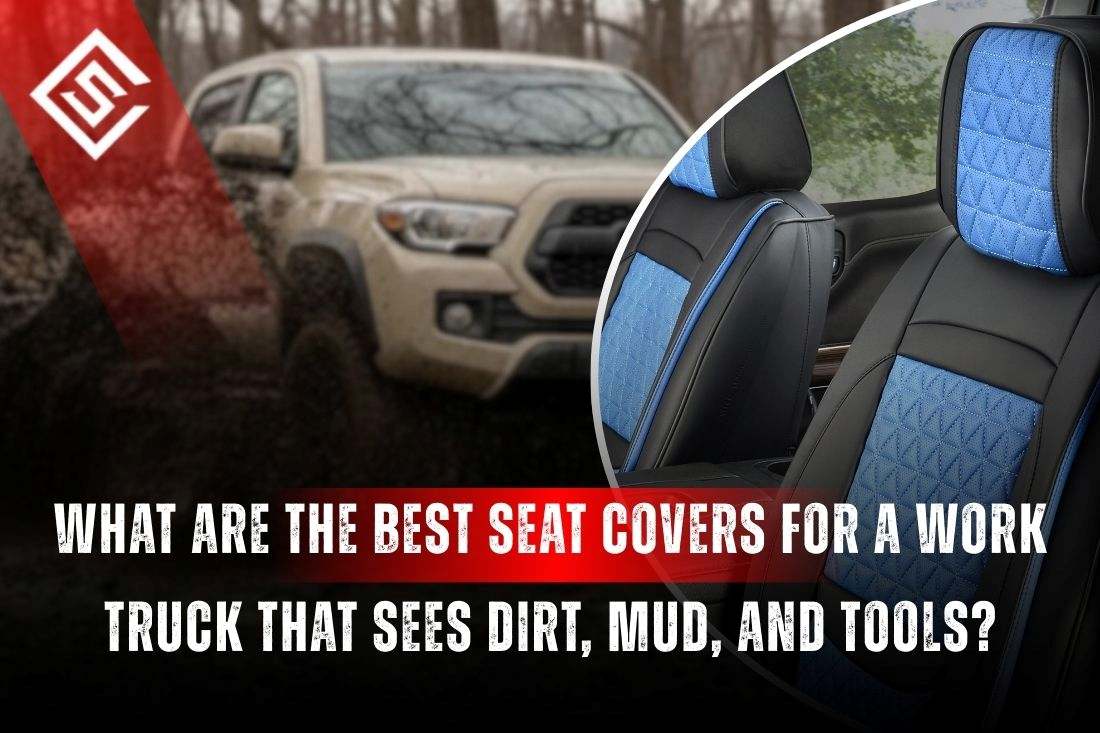 Waterproof eco leather seat covers in a work truck built to resist mud, dirt, tools, and heavy daily job site wear.