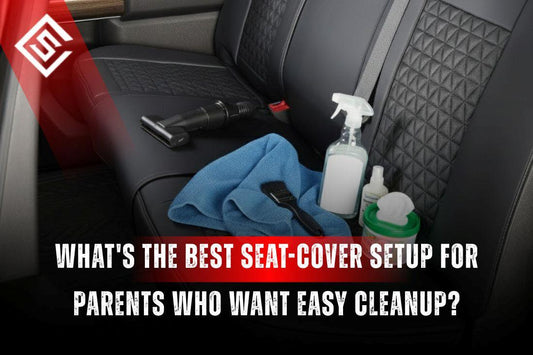 Family car interior with easy clean seat covers and cleaning tools, showing seat cover setup with easy cleanup for parents.