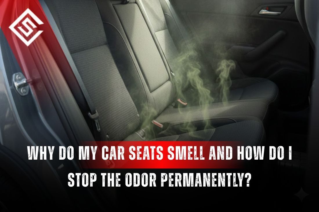 Car interior with fabric seats emitting odor fumes, showing why car seats smell and how to stop the odor permanently.