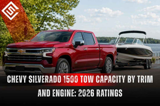 Red Chevy Silverado 1500 towing image highlighting Silverado 1500 tow capacity by engine, trim, and 2026 ratings.