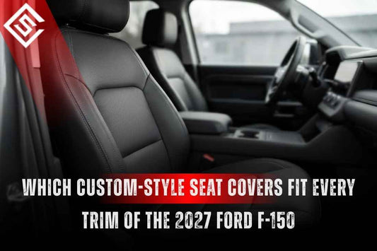 Custom-style eco-leather seat covers on a 2027 Ford F-150 interior showing trim-specific fit for every trim level.