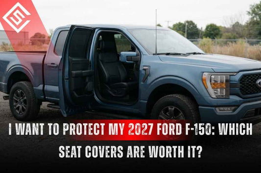 Blue 2027 Ford F-150 with open doors featured in a guide to choosing custom-fit eco-leather seat covers for every trim.