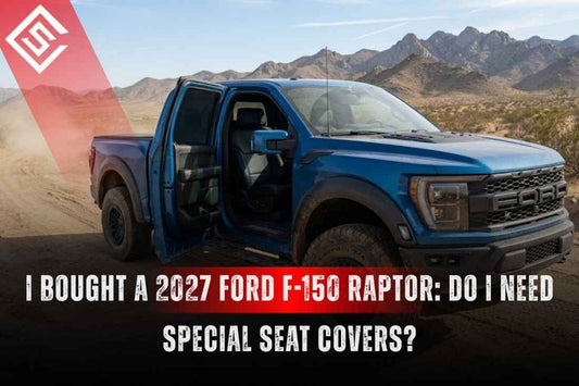 Blue 2027 Ford F-150 Raptor on a dusty trail, reflecting the need for seat covers that fit deep bucket bolsters.