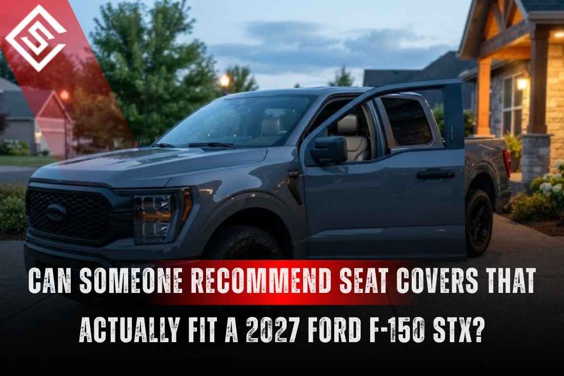 2027 Ford F-150 STX parked outside, highlighting custom-fit seat covers designed to protect factory cloth seats.